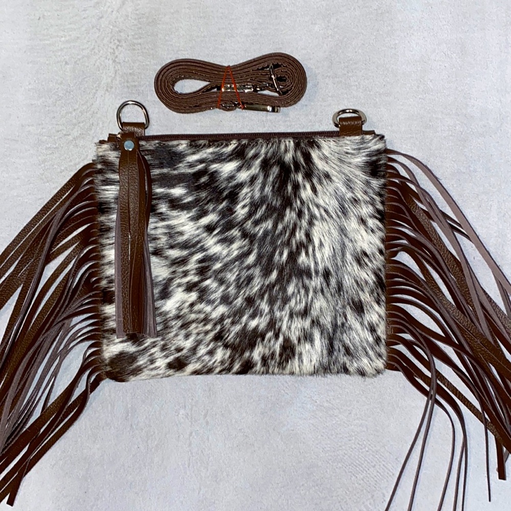 New Handmade Real Cowhide Leather Crossbody Purse Handbag Hair with Fringes